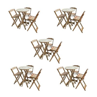Kit 5 Jogos De Mesas Bistrô De Madeira Dobrável Com 3 Banquetas - Crua