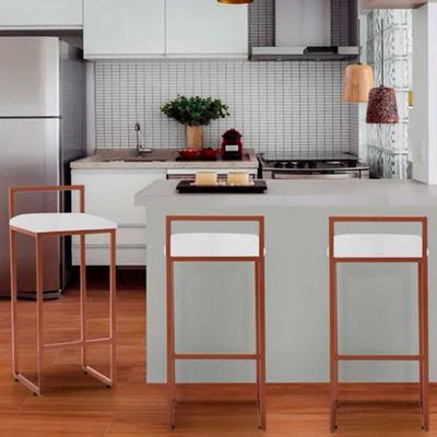 Kit 2 Banquetas Alta Aço Cobre Assento Corino Branco Marrom