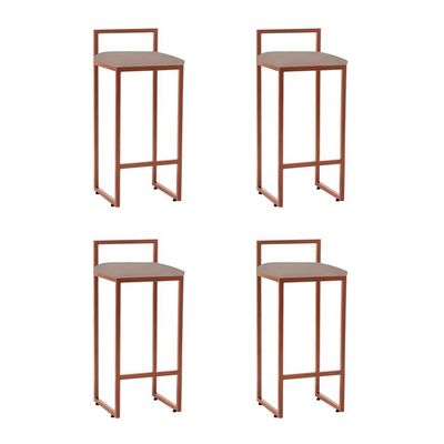 Kit 4 Banquetas Alta Em Aço Cobre Assento Bege Marrom