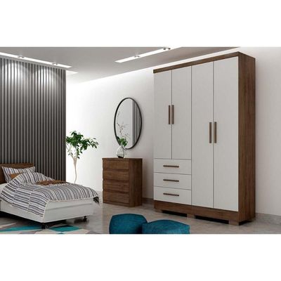Guarda Roupa Solteiro 4 Portas 3 Gavetas C-espelho E Pés Freijo Cumaru C- Fendi - Novo Horizonte
