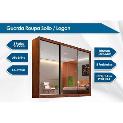 Guarda Roupa Casal 3 Portas De Correr E 6 Gavetas C/ Espelho Passion Plus Branco - Novo Horizonte