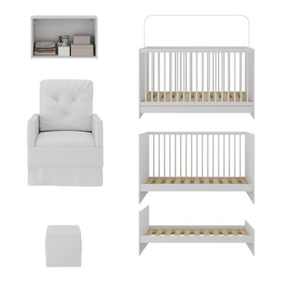 Berço 3 Em 1 Com Colchão Poltrona Puff e Armário Aéreo 2 Portas Mp4157 Branco