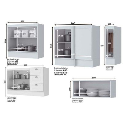 Cozinha Henn Americana 14Pçs (3 Armários + 4 Balcões + 1 Paneleiro + 6 Complementos) C14p01 Branco