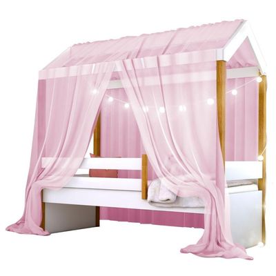 Cama Montessori Com Cordão Led Colchão E Dossel Rosa