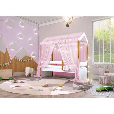 Cama Montessori Com Cordão Led Colchão E Dossel Rosa
