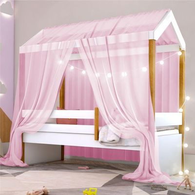 Cama Montessori Com Cordão Led Colchão E Dossel Rosa