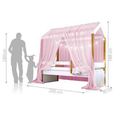 Cama Montessori Com Cordão Led Colchão E Dossel Rosa