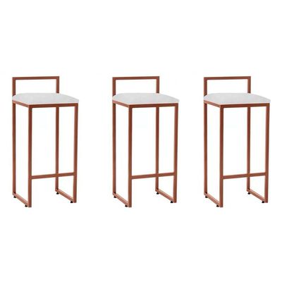Kit 3 Banquetas Alta Em Aço Cobre Assento Branco Marrom