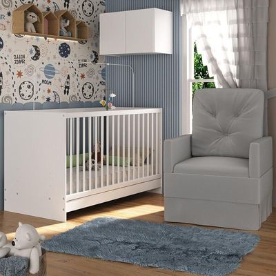 Berço 3 Em 1 Com Poltrona Amamentação e Armário Aéreo 2 Portas Mp4147 Branco-cinza