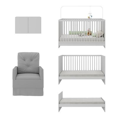 Berço 3 Em 1 Com Colchão Poltrona e Armário Aéreo 2 Portas Mp4156 Branco-cinza