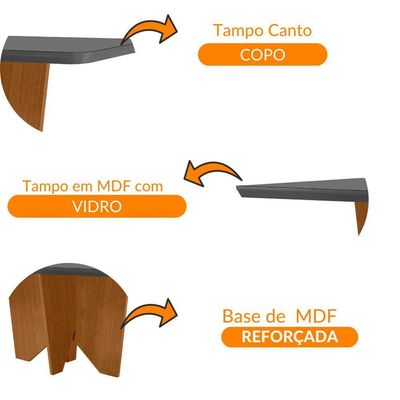 Mesa Sala De Jantar Evora 180cm Em Mdf E Vidro Com Canto Copo Grafite/ Imbuia/ Serig. Grafite