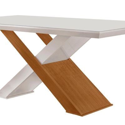 Mesa Para Sala De Jantar Carol 180cm Em Mdf E Vidro Canto Reto Off White/ Imbuia/ Serig. Off