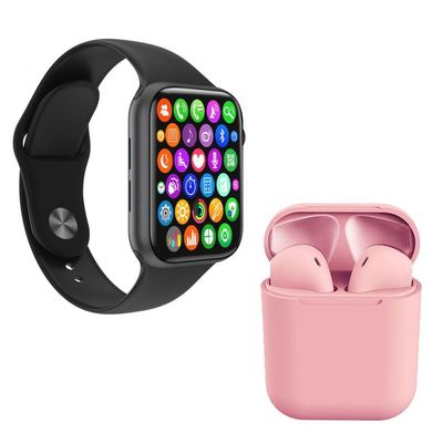 Kit 1 SmartWatch Plus Preto + 1 Fone Bt inPods i12 Rosa
