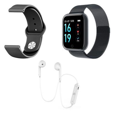 Kit 1 Smartwatch P70 Preto +1 Pulseira +Fone Branco