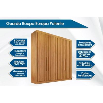 Guarda Roupa 4 Portas Ripadas e 3 Gavetas Potente Braúna - Europa