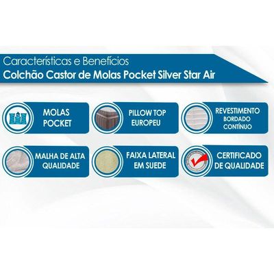 Colchão King Molas Ensacadas Pocket Silver Star Air Double Face Euro Pillow (193x203x34) - Castor