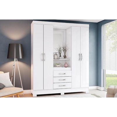 Guarda Roupa 4 Portas e 3 Gavetas c/ Espelho e Pés Briz B24 Branco - Henn