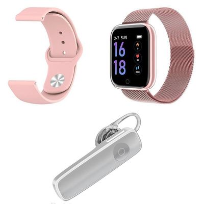 Kit 1 Smartwatch P70 Rosa + Pulseira + Fone Headset Branco