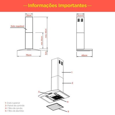 Coifa de Parede 75cm Vidro Curvo Duto Slim Fogatti Inox 220V 220V
