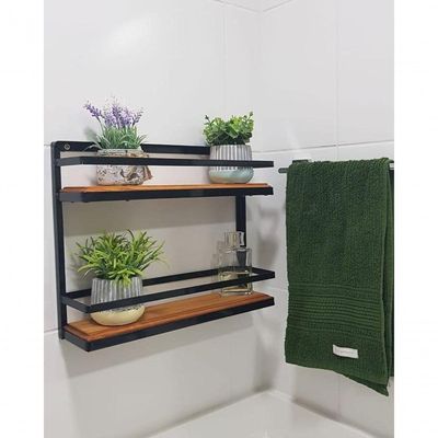 Prateleira Ferro Dupla Preta Madeira 2 Andares 40 Cm Altura