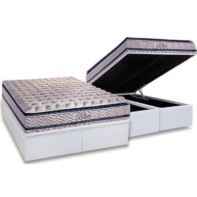 Cama Box Baú Queen: Colchão Molas Masterpocket Ensacadas Paropas Blue + Base White(158X198)