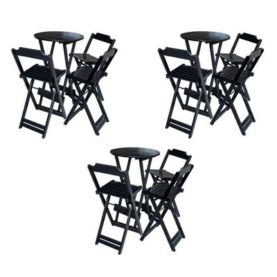 Kit 3 Jogos De Mesa Bistrô De Madeira Dobrável Com 3 Banquetas - Preto