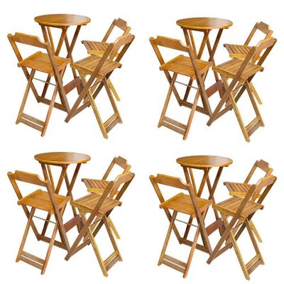 Kit 4 Conjuntos De Mesa Bistrô Dobravel Em Madeira Maciça Com 3 Banquetas Altas - Mel - Marrom