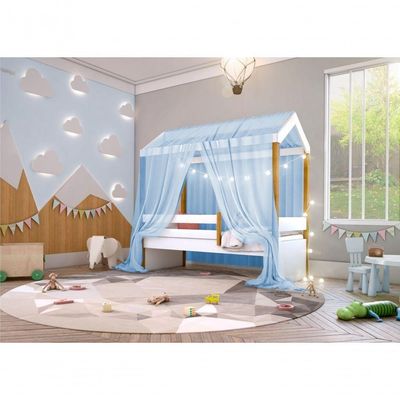 Cama Montessori Exclusiv Com Fio De Luz Colchão E Voal Azul