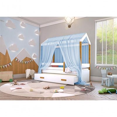 Cama Montessori Cabana Com Auxiliar Colchão E Dossel Azul