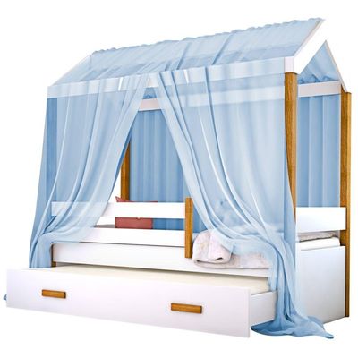 Cama Montessori Cabana Com Auxiliar Colchão E Dossel Azul