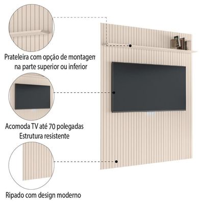 Painel Para Tv Até 70 Polegadas 1,80x2,40m Ripado Com Prateleira Arbo Off White Edn Off White