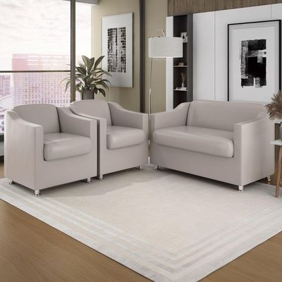 Kit Sofá Namoradeira Reforçada Tilla + 02 Poltronas bege