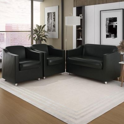 Kit Sofá Namoradeira Reforçada Tilla + 02 Poltronas preto