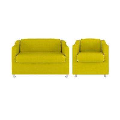 Kit Sofá Namoradeira + Poltrona Tilla Recepção Sala Tecido amarelo