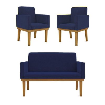 Kit Sofá 2 Lugares + Poltrona Com Base Suede azul Marinho