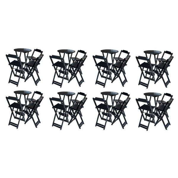 Kit 8 Jogos De Mesa Bistrô De Madeira Dobrável Com 3 Banquetas - Preto