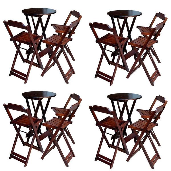Kit 4 Jogos De Mesa Bistrô De Madeira Dobrável Com 3 Banquetas - Imbuia