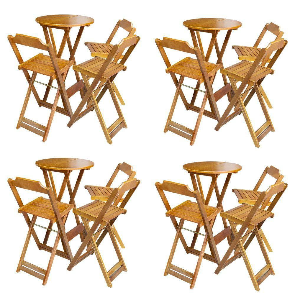Kit 4 Jogos De Mesa Bistrô De Madeira Dobrável Com 3 Banquetas - Mel