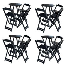 Kit 4 Conjuntos De Mesa Bistrô Dobravel Em Madeira Maciça Com 3 Banquetas Altas - Preto - Preto