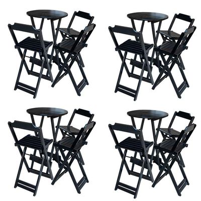 Kit 4 Conjuntos De Mesa Bistrô Dobravel Em Madeira Maciça Com 3 Banquetas Altas - Preto - Preto