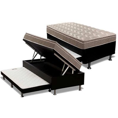 Cama Box Baú C/Auxiliar Solteiro: Colchão Ortopédico D33 Ultra Firme Euro Pillow+Base Black(88X188)
