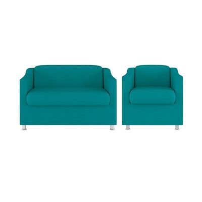 Kit Poltrona Tilla Recepção + Namoradeira Sala, Quarto Suede azul Turquesa