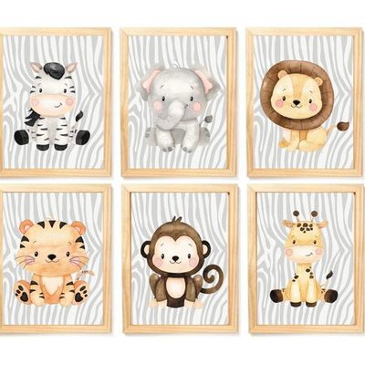 Quadro Infantil Safari 6 Un A4 Vidro E Pendurador