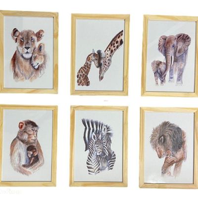Quadro Infantil Safari 6 Un A4 Vidro E Pendurador