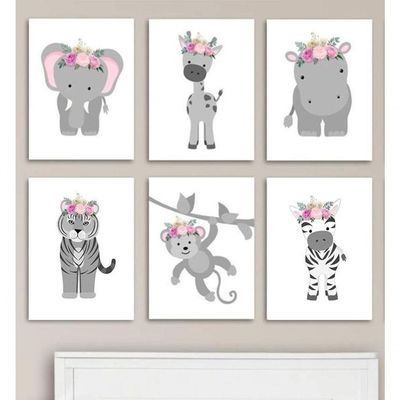 Quadro Infantil Safari Rosa 6 Un A4 Vidro E Pendurador