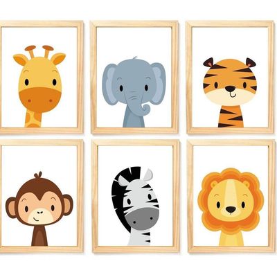 Quadro Infantil Safari 6 Un A4 Vidro E Pendurador