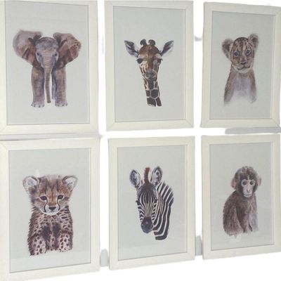 Quadro Infantil Safari 6 Un A4 Vidro E Pendurador