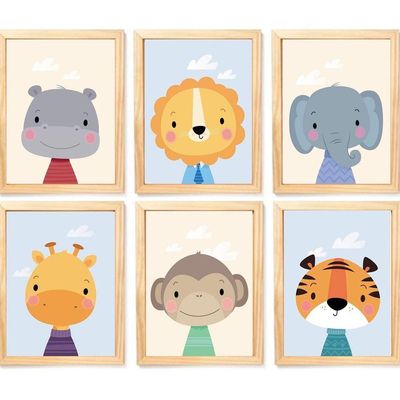 Quadro Infantil Safari 6 Un A4 Vidro E Pendurador