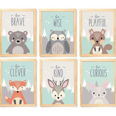 Quadro Infantil Animais 6 Un A4 Vidro E Pendurador