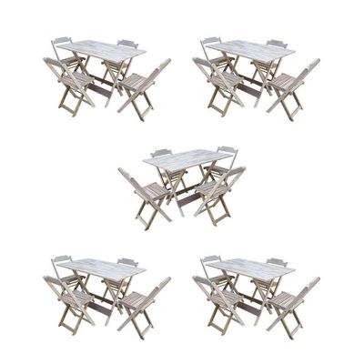 Kit 5 Jogos De Mesa Dobravel Com 4 Cadeiras De Madeira 120X70 Para Restaurante E Bar- Sem Pintura